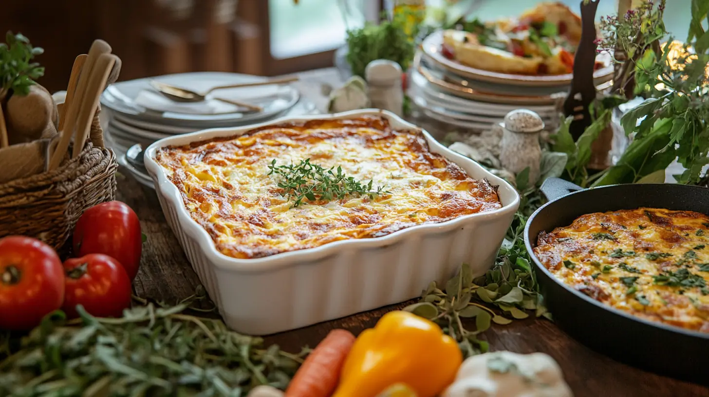A Breakfast Casserole And A Frittata Side By Side On A Breakfast Table.