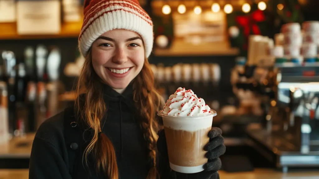 Barista Presenting A Peppermint Mocha In A Festive Coffee Shop.