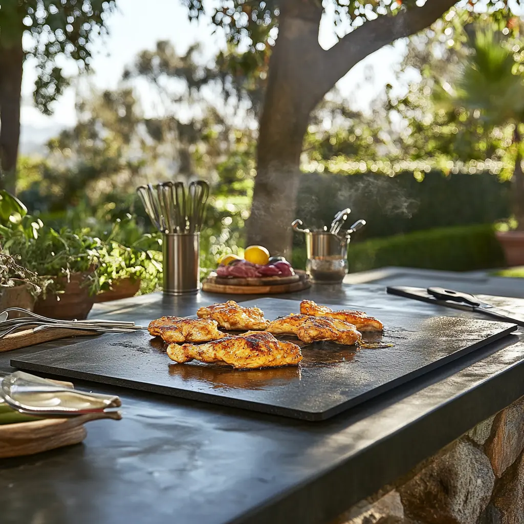 Grilled chicken cooking on a Blackstone griddle outdoors, surrounded by fresh herbs and cooking tools, with a lush garden in the background