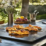 Chicken frying on a Blackstone griddle outdoors.