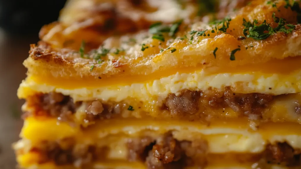 Close Up Of A Layered Breakfast Casserole With Cheese And Sausage.