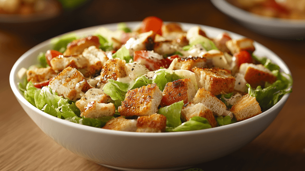 Close-up of a fresh Chicken Caesar Salad with crispy croutons, romaine lettuce, cherry tomatoes, and creamy Caesar dressing in a white bowl.