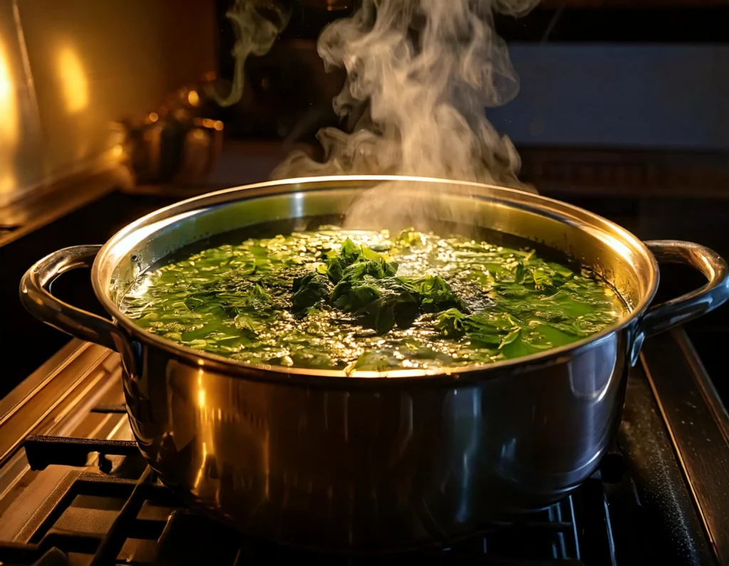 Hearty gumbo greens simmering with smoked sausage and spices in a Southern-style dish