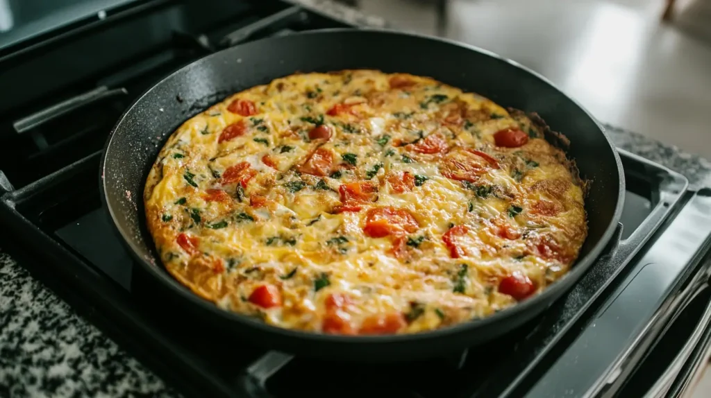 Frittata In A Skillet On A Stovetop, Ready To Be Baked In The Oven.