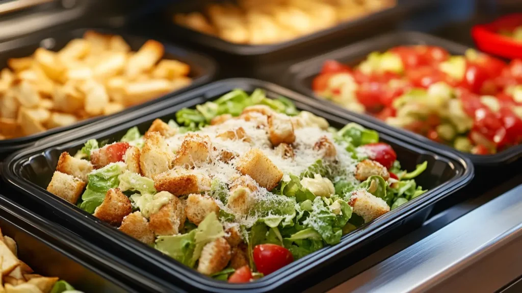 Fresh Parmesan Caesar Salad with crisp romaine lettuce, crunchy croutons, cherry tomatoes, creamy dressing, and grated Parmesan cheese in a black takeout container