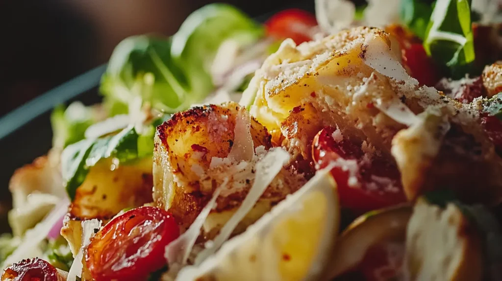 Close-up of a homemade Caesar salad with grilled chicken, cherry tomatoes, parmesan shavings, and fresh greens