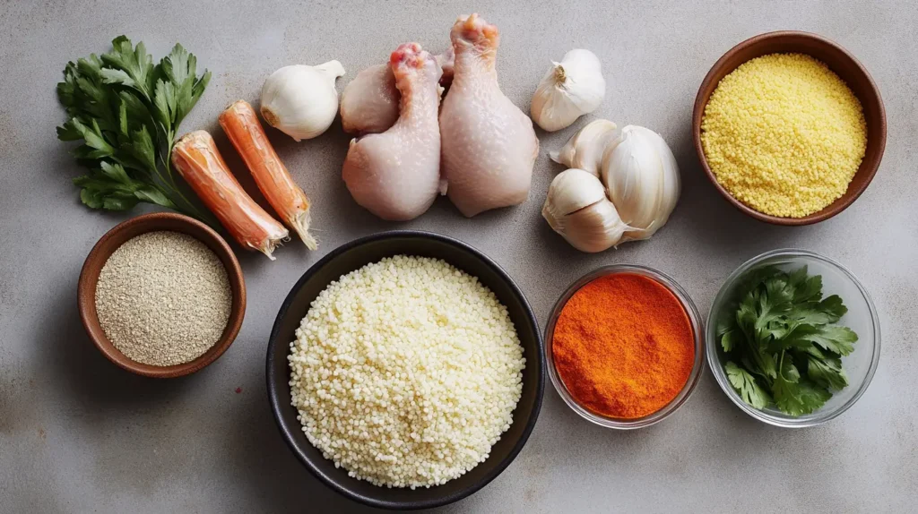 A top-down view of ingredients for a chicken couscous recipe, including raw chicken drumsticks, garlic, carrots, parsley, couscous, and spices on a gray surface.