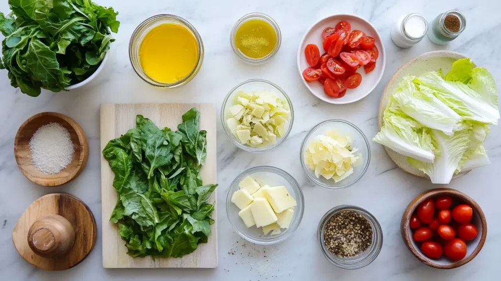 A top-down view of fresh Caesar salad ingredients, including romaine lettuce, cherry tomatoes, parmesan cheese, olive oil, and seasonings on a marble countertop
