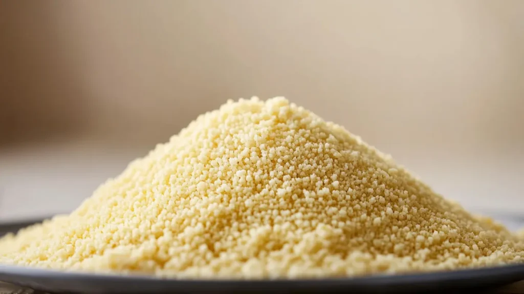 Close-up of fluffy, cooked couscous grains served on a plate, with a neutral background.