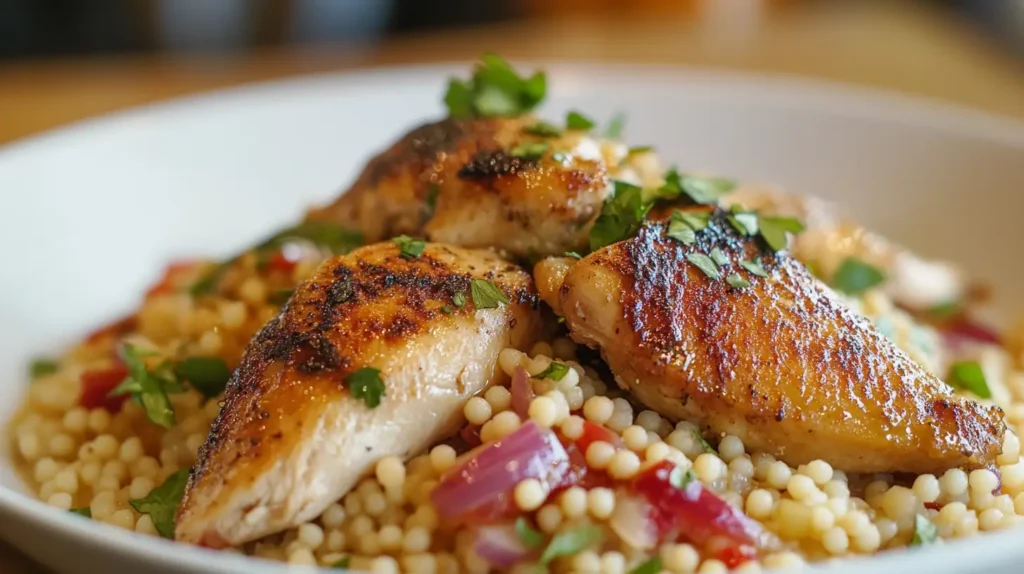 Close-up of grilled chicken breast served over pearl couscous with diced red onions, bell peppers, and fresh herbs on a white plate