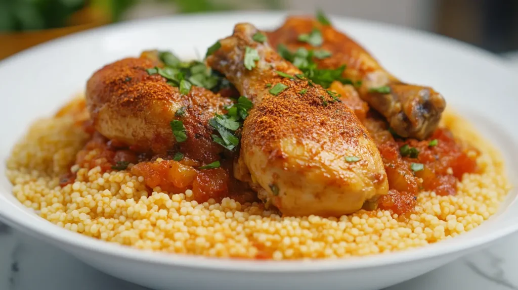 Authentic Moroccan chicken couscous with rich tomato sauce and spices, topped with fresh parsley