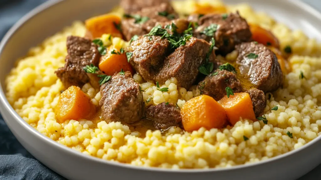 A close-up of Moroccan-style couscous topped with tender lamb stew, carrots, and fresh herbs on a white plate.