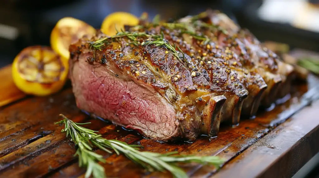 Juicy grilled rack of lamb with a golden herb-crusted exterior, garnished with fresh rosemary and grilled lemon slices