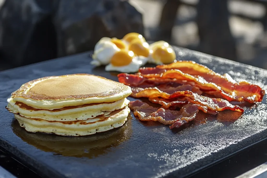 Blackstone griddle making pancakes, bacon, and eggs