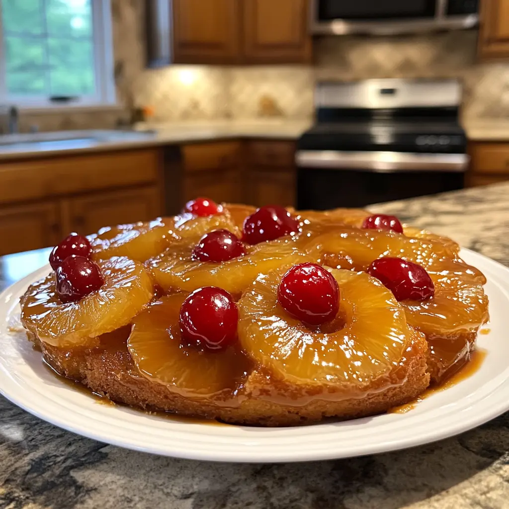 A pineapple upside-down cake with caramelized pineapples and cherries on a white plate.