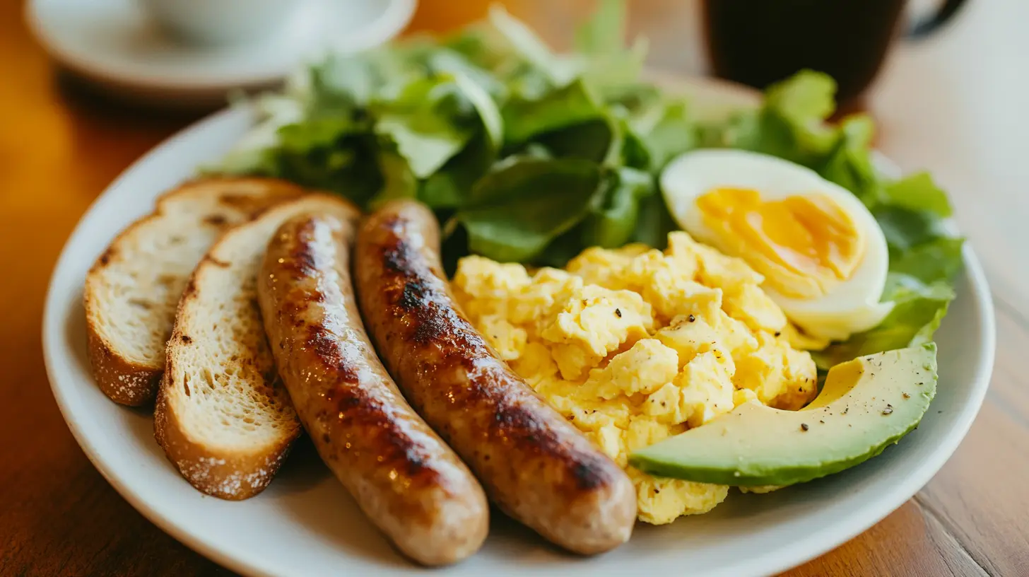 Chicken breakfast sausages with eggs and toast on a breakfast table.