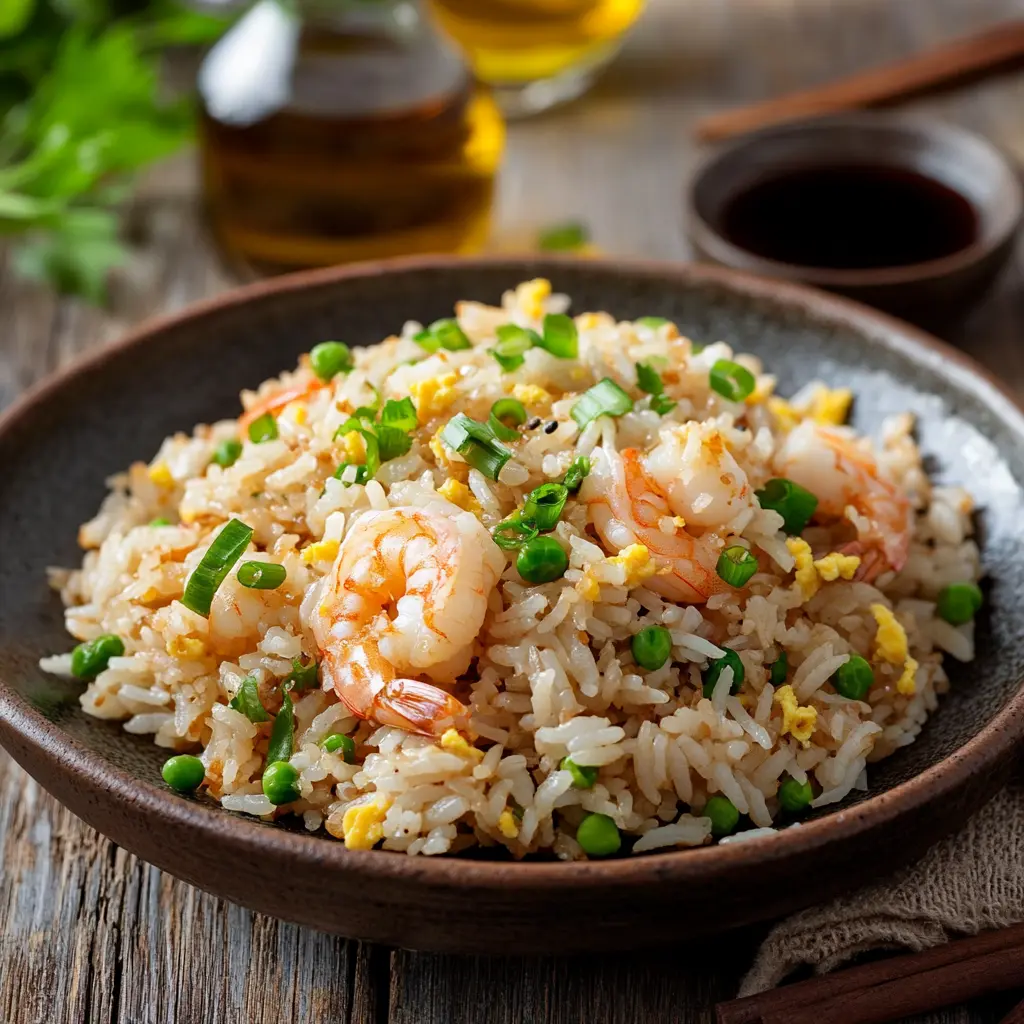 A colorful bowl of fried rice garnished with green onions.