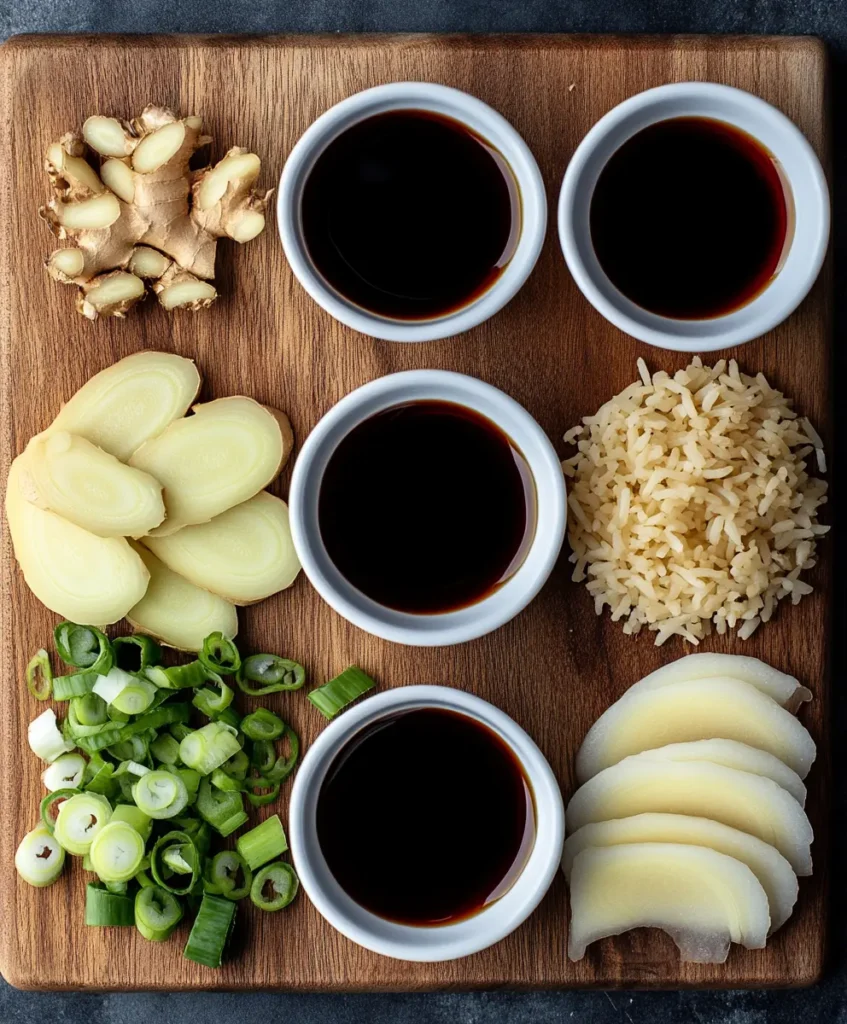 Essential ingredients for fried rice including soy sauce, garlic, and ginger.