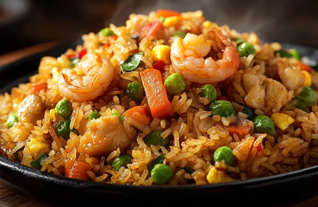 Plate of restaurant-style fried rice with vegetables and proteins.
