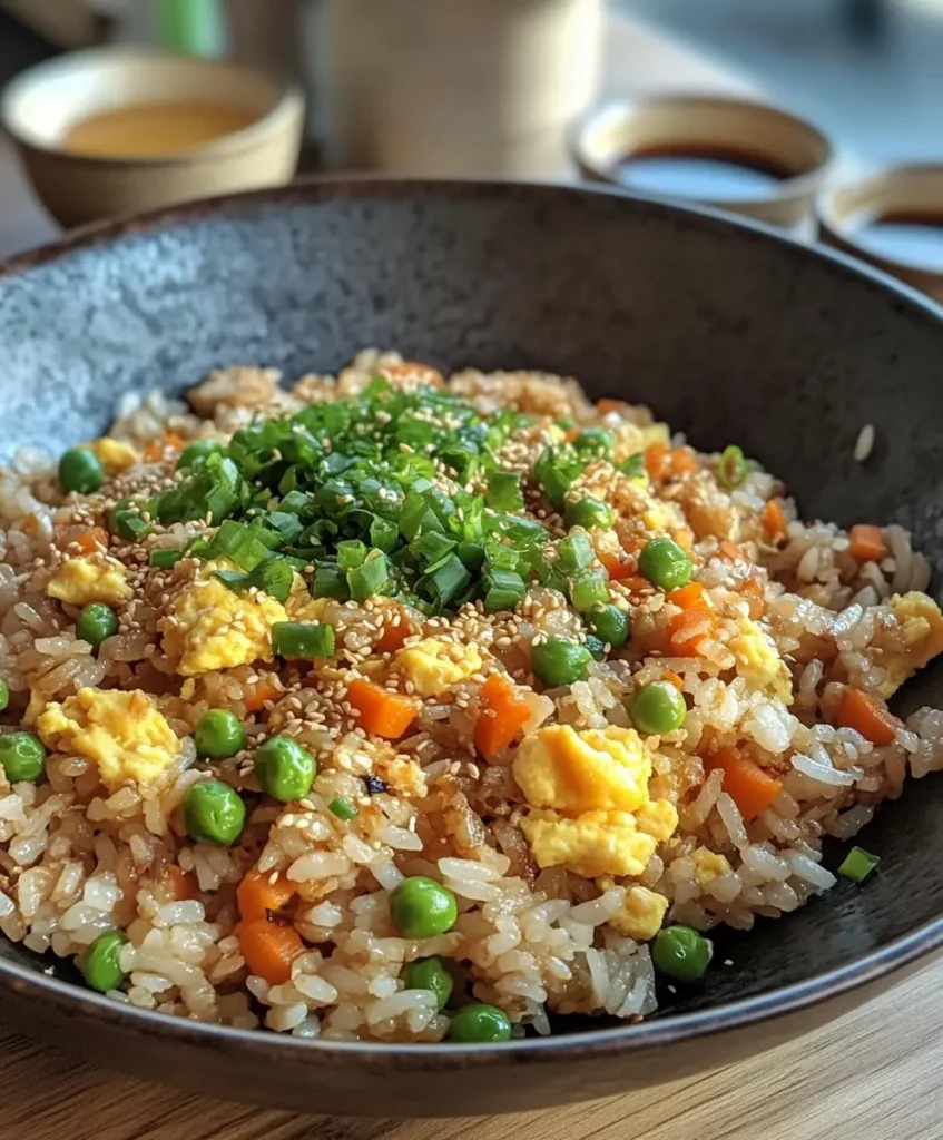 A bowl of restaurant-style fried rice with vegetables and eggs.