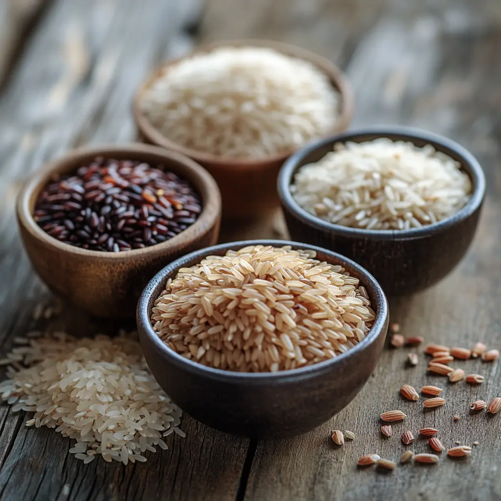 Bowls of jasmine, basmati, and brown rice on a wooden table.