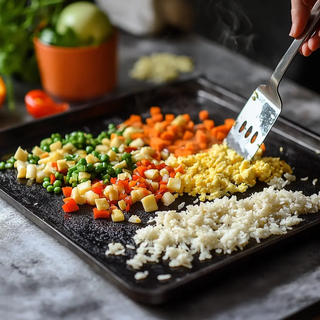A griddle with scrambled eggs, vegetables, and rice being cooked together.