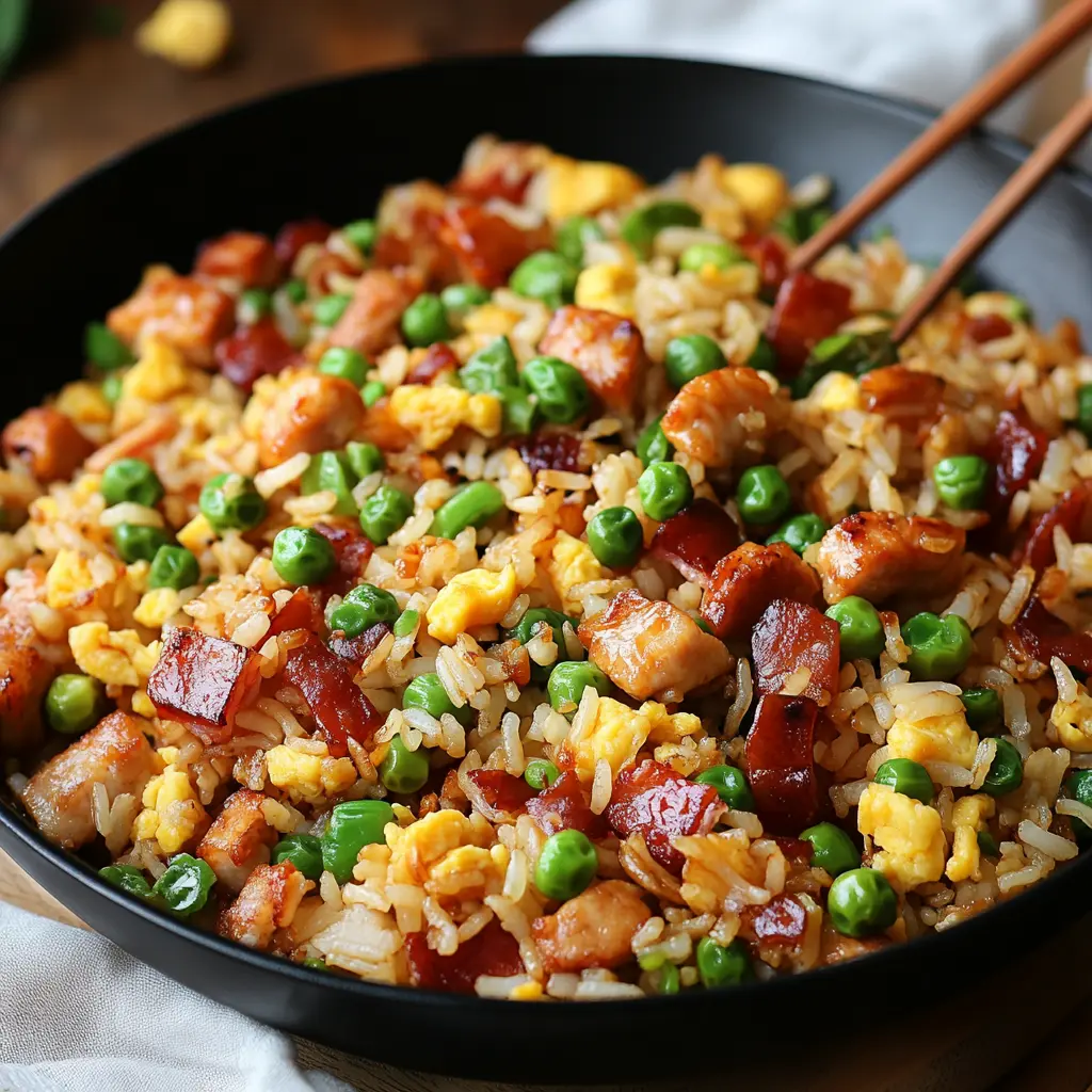 A bowl of Chinese fried rice with shrimp, egg, and vegetables.
