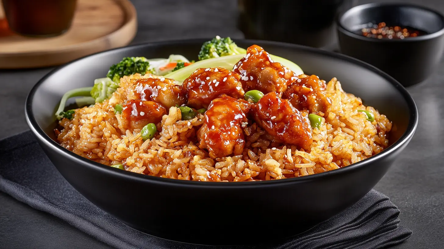 A bowl of chicken fried rice topped with glazed chicken bites and vegetables, including peas and broccoli