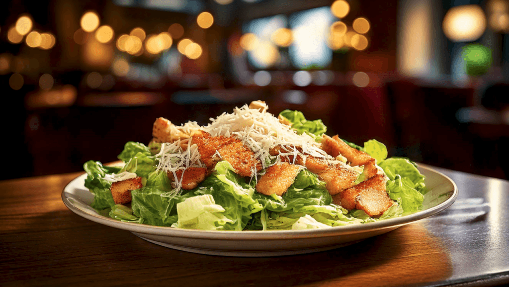 Fresh Caesar salad served on a table at a fast-food restaurant, featuring romaine lettuce, grilled chicken, croutons, bacon, and shaved Parmesan, with a creamy Caesar dressing on the side.