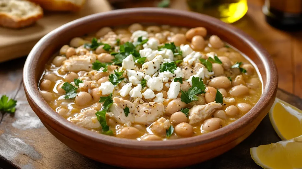 Bowl of Mediterranean White Chicken Chili with fresh toppings and rustic Mediterranean decor.