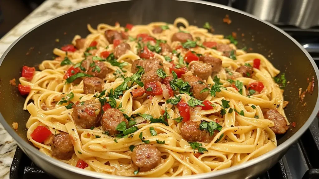 Creamy Cajun Pasta With Sausage, Red Bell Peppers, And Fresh Parsley In A Skillet