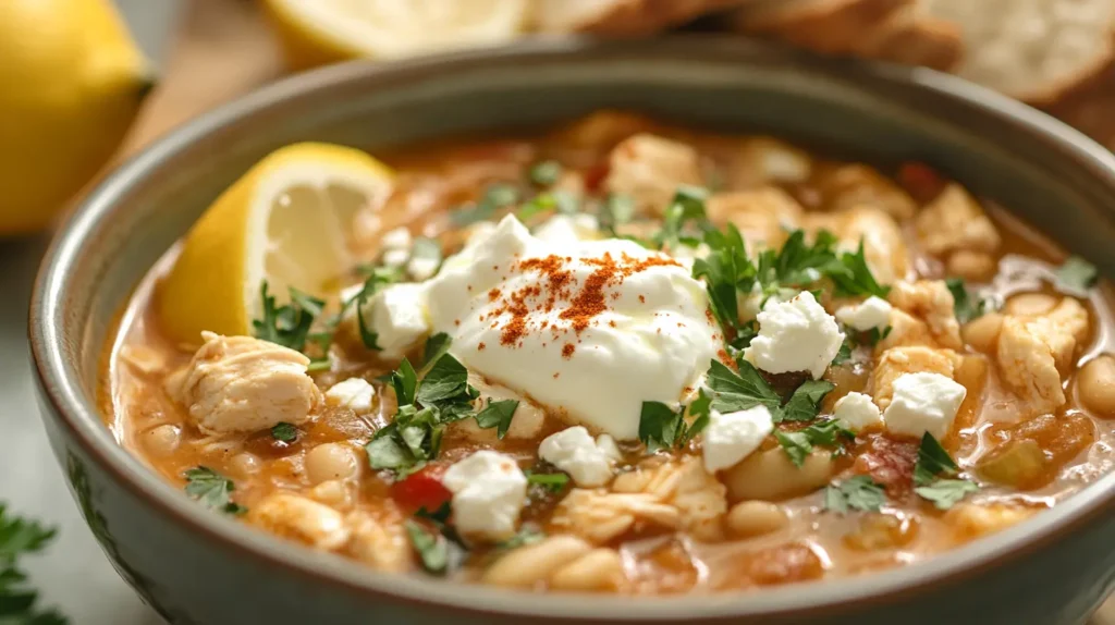 Close-up of Mediterranean White Chicken Chili with vibrant toppings.