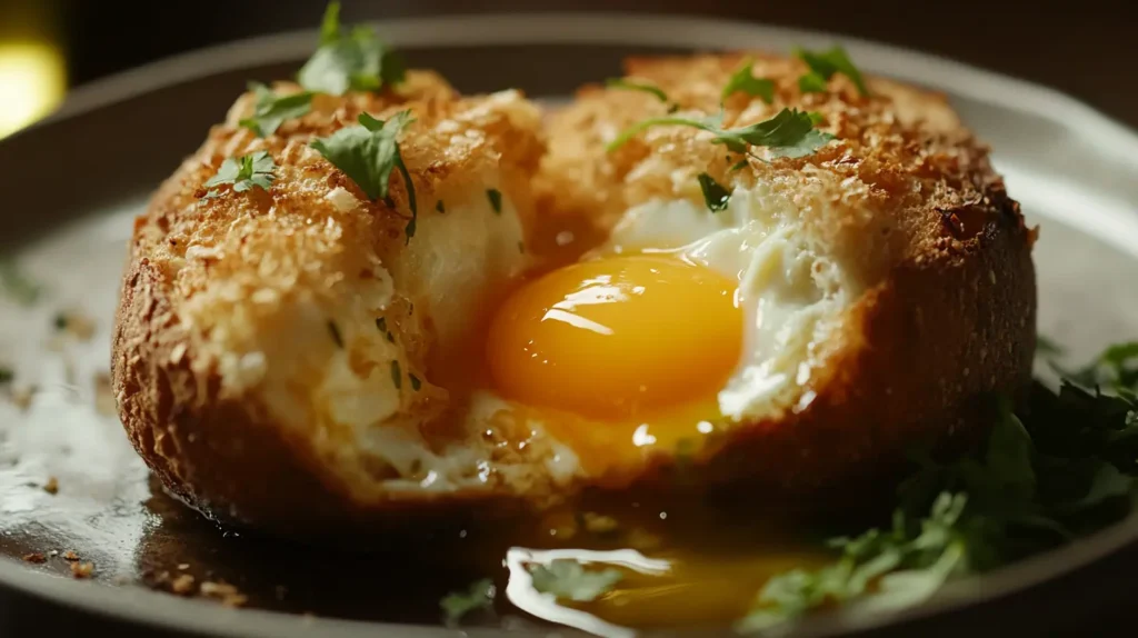  Perfectly deep-fried egg served on toast with garnish.