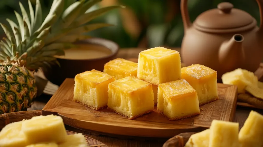 Taiwanese pineapple cakes on a wooden platter with fresh pineapples and a teapot