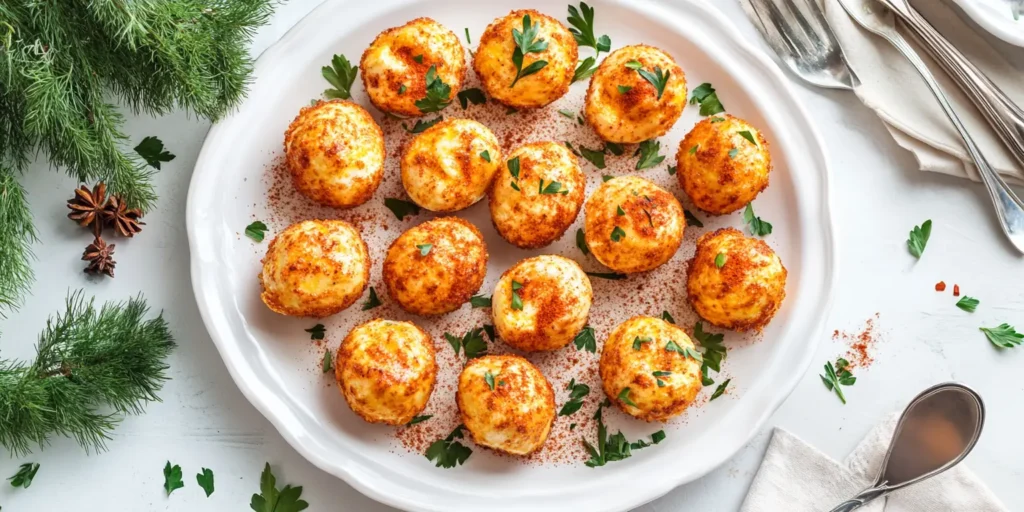 A plate of crispy fried deviled eggs garnished with paprika and herbs.