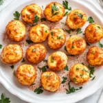 A plate of crispy fried deviled eggs garnished with paprika and herbs.