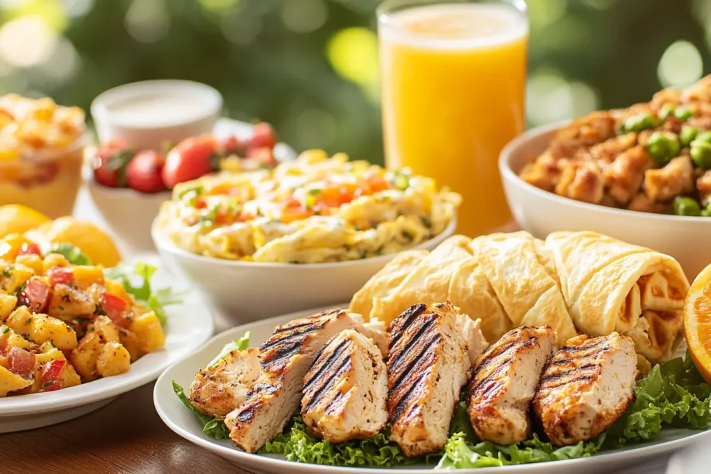 A variety of chicken breakfast dishes on a table with beverages.