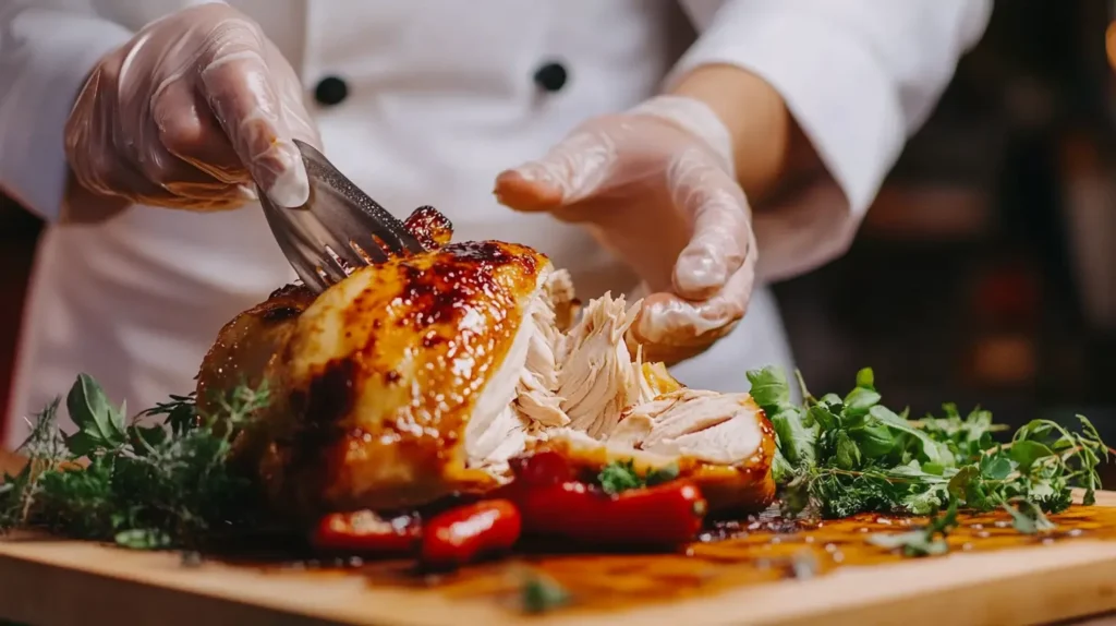 Chef preparing shredded rotisserie chicken.