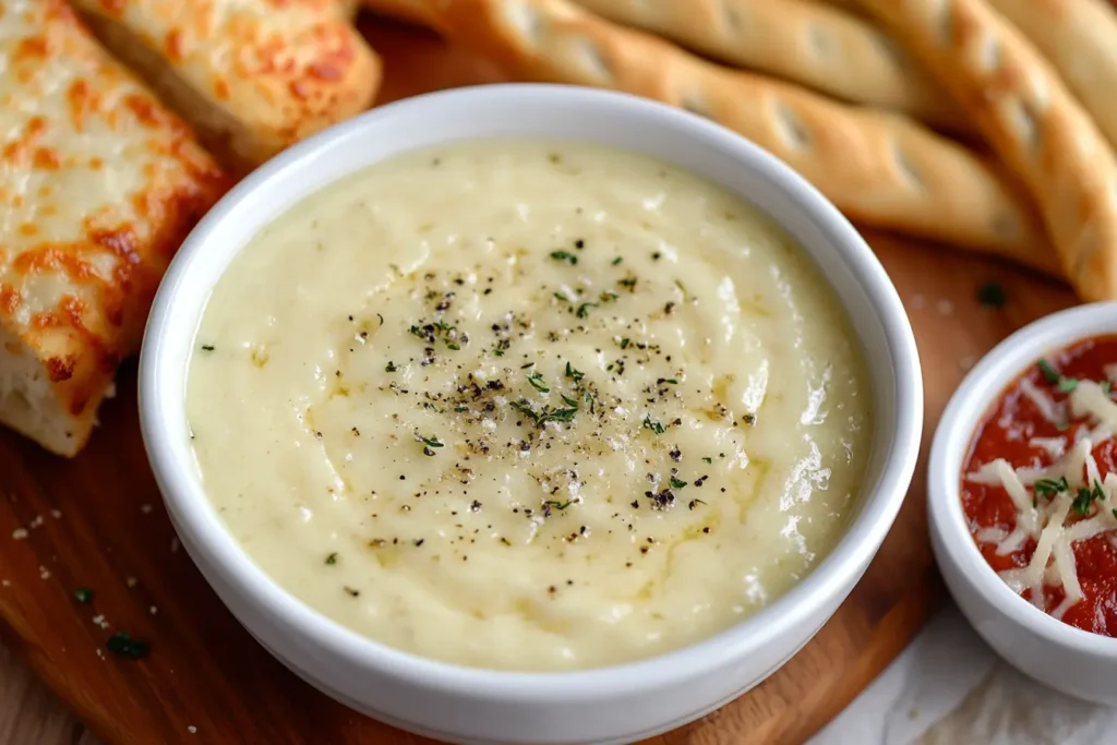 Close-up of creamy Garlic Parmesan Sauce served with pizza and breadsticks.