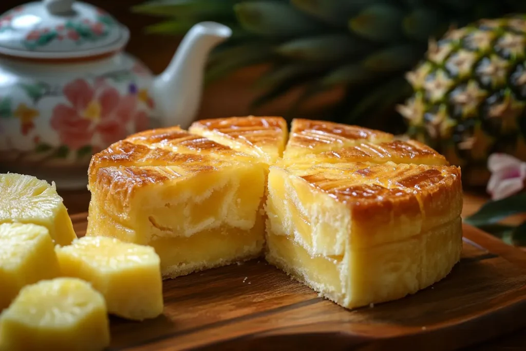 Close-up of golden Taiwanese pineapple cakes on a wooden tray, accompanied by fresh pineapples and a floral teapot, illuminated by warm, natural light
