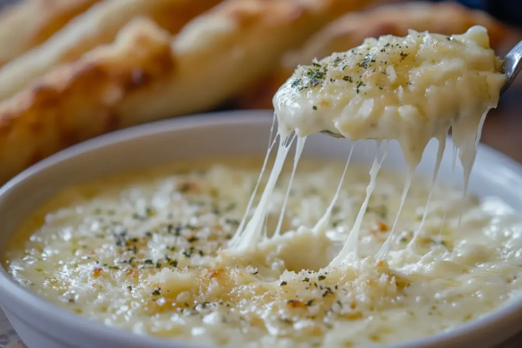 A creamy Garlic Parmesan Sauce with visible cheese and garlic chunks, served alongside pizza and breadsticks.