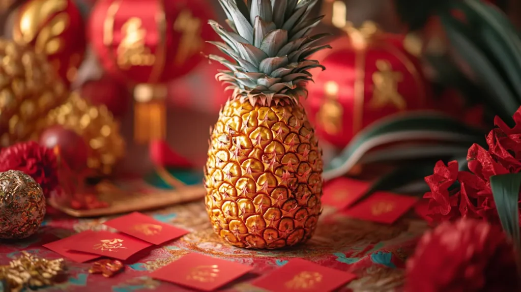 A golden pineapple with Taiwanese festive decorations