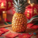 A golden pineapple with Taiwanese festive decorations
