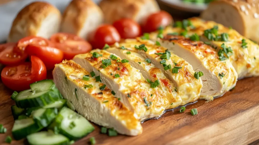 Chicken omelet with sides, a classic example of eggs and chicken together.