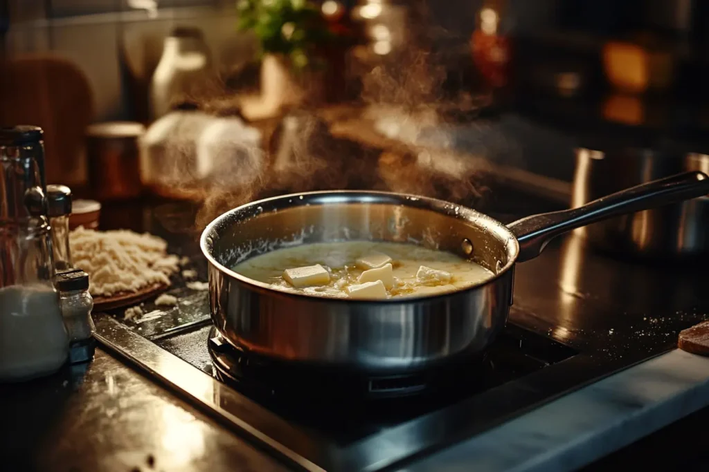 Preparing garlic parmesan sauce with butter, garlic, and cream