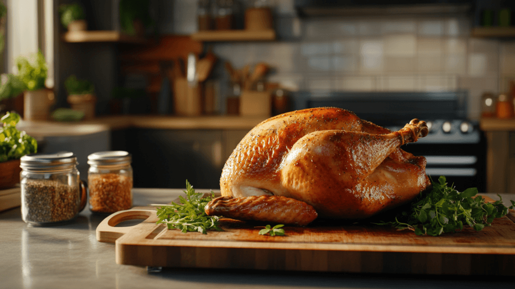 Freshly cooked rotisserie chicken on a cutting board with herbs.