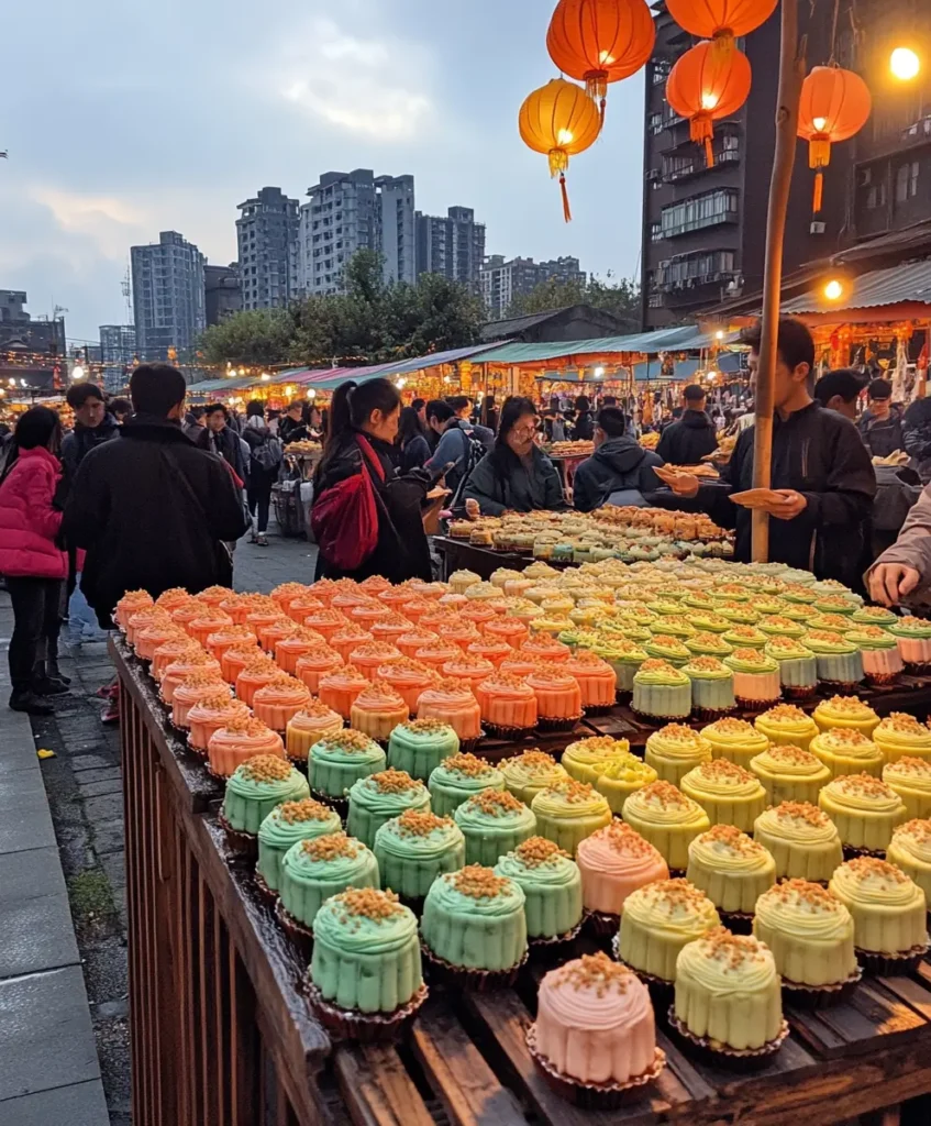 A vibrant Taiwanese pineapple cake festival with stalls and people.