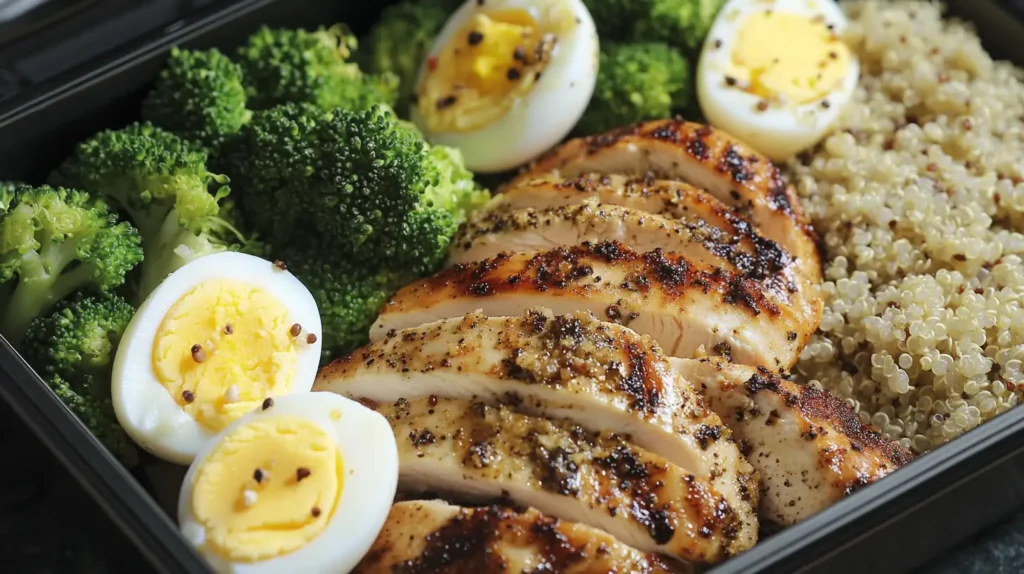 A balanced meal with eggs, chicken, and vegetables.