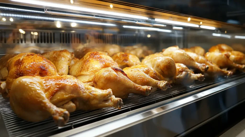 Costco rotisserie chicken display.