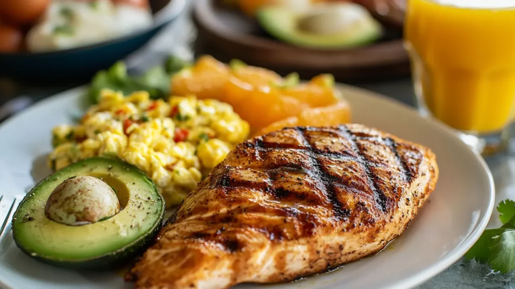 A healthy breakfast featuring grilled chicken, eggs, and avocado toast.